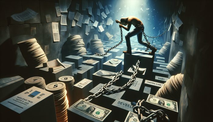 Weary borrower navigates shadowy financial maze, dodging traps labeled "Setup Fees" and "Extended Terms," with debt chains amid swirling papers and coins.