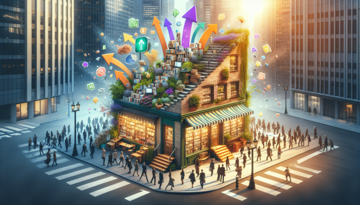 A cozy bookstore storefront transforms into a bustling scene with vibrant copywriting signs, drawing crowds, upward arrows, flourishing plants, and a sunny urban backdrop.