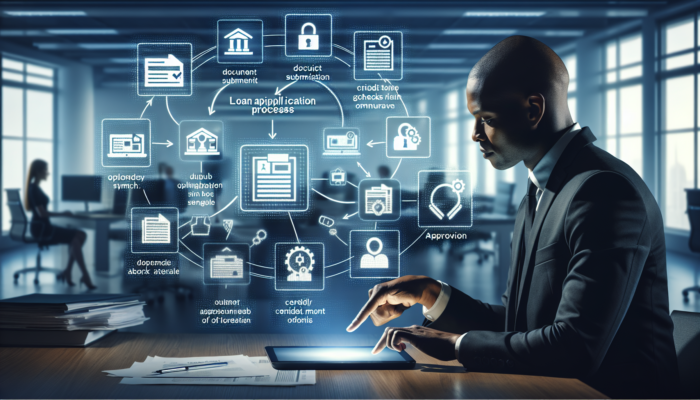 A dynamic flowchart in a modern office depicts a diverse applicant using a tablet for loan steps: document submission, credit checks, and approval icons.