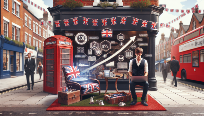 Busy London high street with a small UK business shop, red telephone booth, and Union Jack signs; entrepreneur viewing SEO analytics on a laptop with graphs.