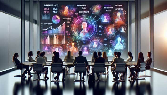 A diverse marketing team in a modern boardroom analyses holographic graphs of engagement, traffic, ROI, and conversion metrics for an influencer campaign, with subtle avatar backgrounds.
