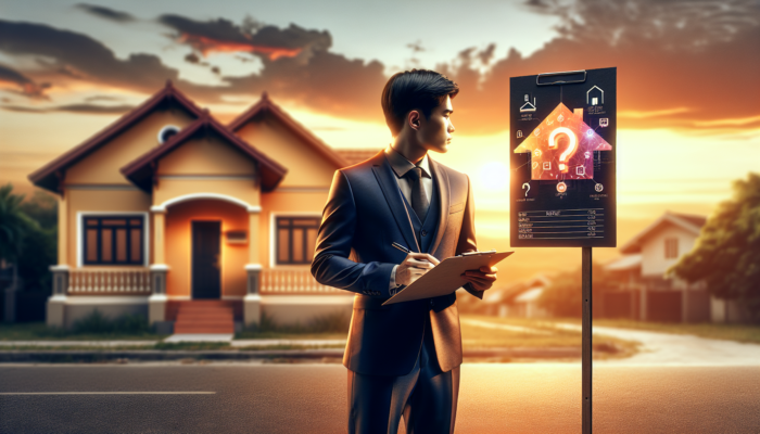 A real estate analyst in a sharp suit assesses an entry-level home with rental graphs on a clipboard, under a sunset with a For Rent sign.