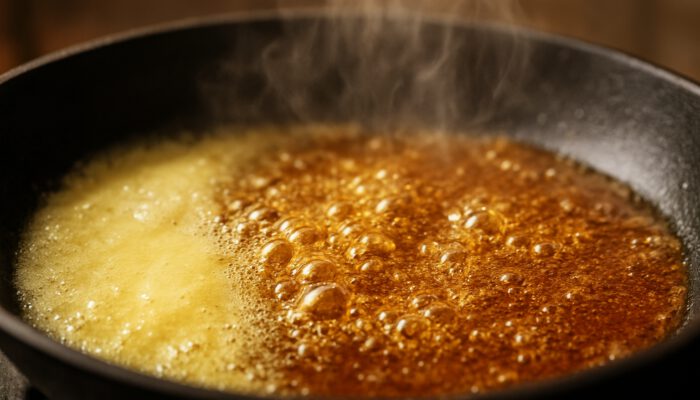 Close-up of golden-brown butter bubbling in a hot pan with rising steam.