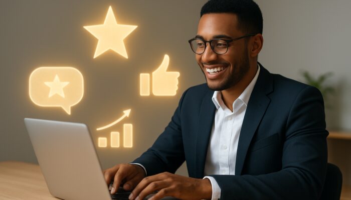 Professional host smiling at desk, typing review responses with stars and thumbs-up icons.