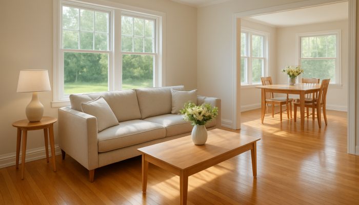 Spotless Somerton home interior showcasing gleaming wooden floors, organised furniture, and fresh flowers.