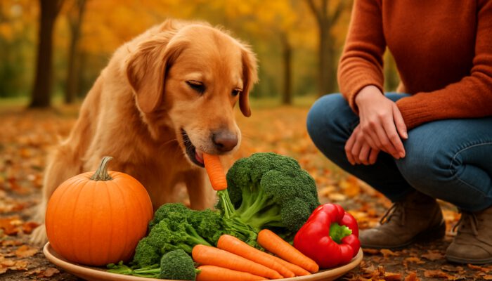 Joyful dog enjoying fresh seasonal vegetables in autumn park with owner.