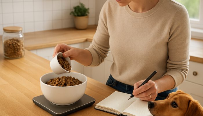 Pet owner measuring dog food with cups and scale in a sunny kitchen, while dog watches eagerly.