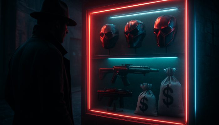 Spotting New Payday Style Products: Key Insights | DCL Shadowy detective examines new Payday-style tactical masks, weapons, and money bags under neon lights.
