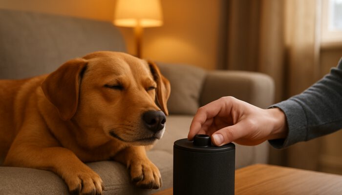 A dog calmly listening to sounds of fireworks while the owner adjusts the speaker in a cosy living room.