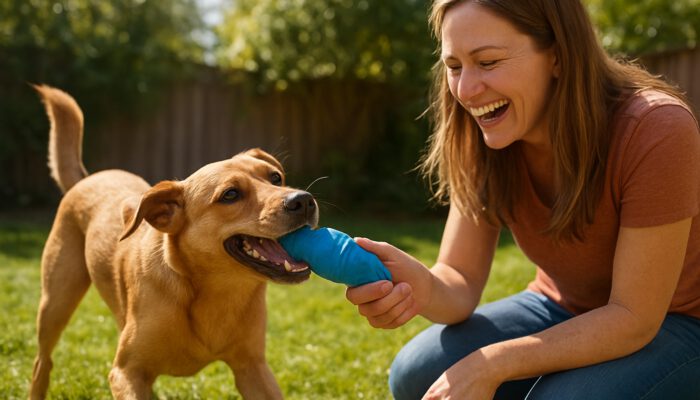 A playful dog tugging at a treat-dispensing toy with a smiling owner in a sunny backyard.