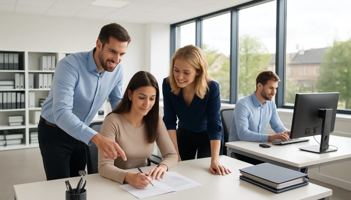 A modern office in Yeovil showcasing pristine desks, organised files, and focused employees benefiting from natural light.