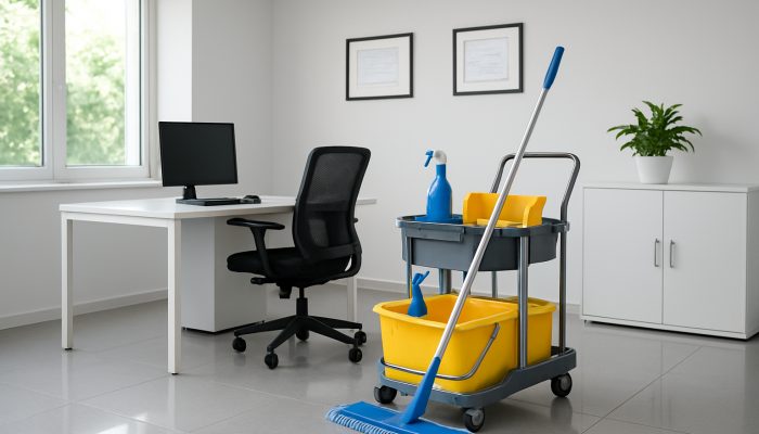 A pristine Ilchester office showcasing gleaming surfaces and framed certifications from the British Institute of Cleaning Science.