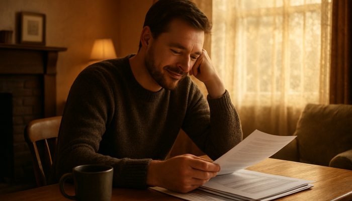 Understanding Your Debt Consolidation Decisions: Valuable UK Insights | DCL Individual reviewing consolidated debt documents in a comfortable British living room, exhibiting relief and clarity.
