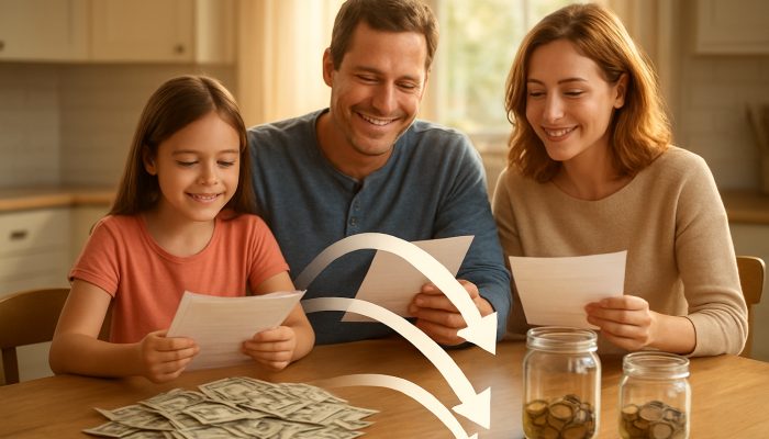 Understanding Your Debt Consolidation Decisions: Valuable UK Insights | DCL Family consolidating bills into one payment at a sunlit kitchen table with savings jars