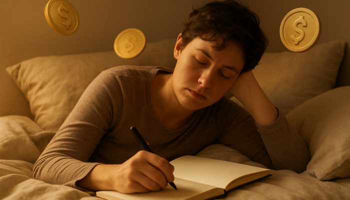 Tired individual resting in bed while crafting gentle debt repayment plan in journal with soft golden light