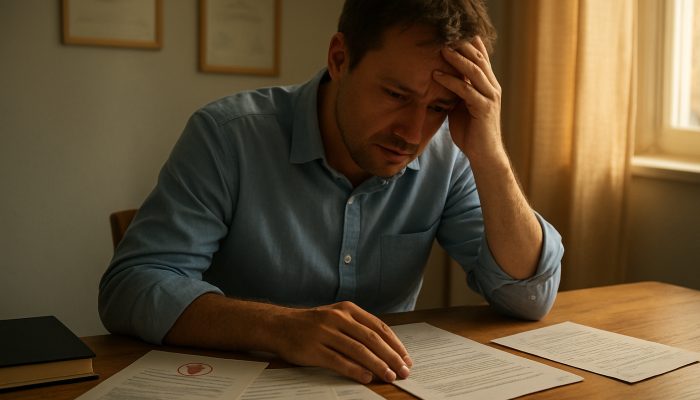 Concerned individual at sunlit desk with medical documents, bills, and letter requesting creditor relief