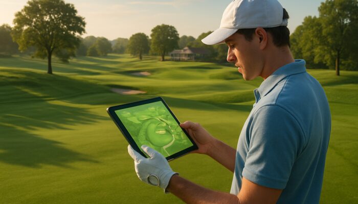A novice golfer reviews a tablet with local maps and beginner tips on a sunny fairway