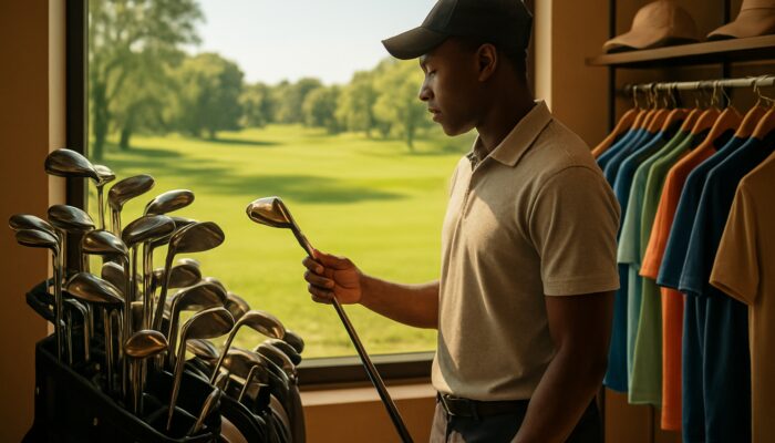 A beginner golfer browses affordable clubs and apparel in a sunny South African sports shop with views of a fairway.